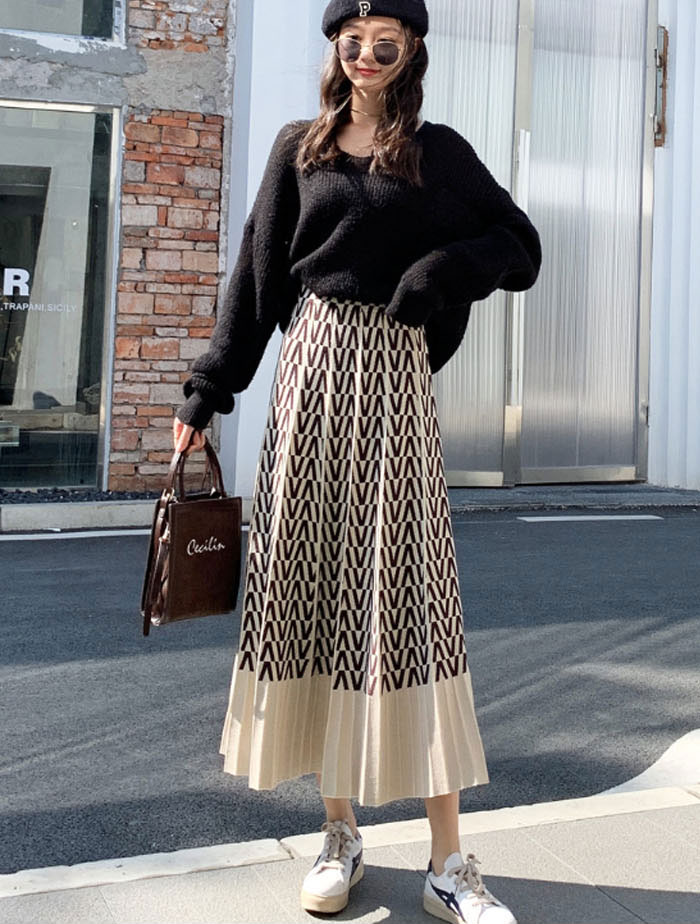 【送料無料】Aライン　ふんわり　総柄　レディース　ロングスカート　ニット　フレアスカート　ギャザースカート　プリ