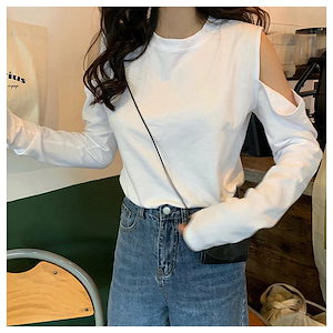 カットソー長袖ロングTシャツレディース女性オープンショルダーショルダーカットラウンドネック無地単色シンプルトップス大きいサイズ