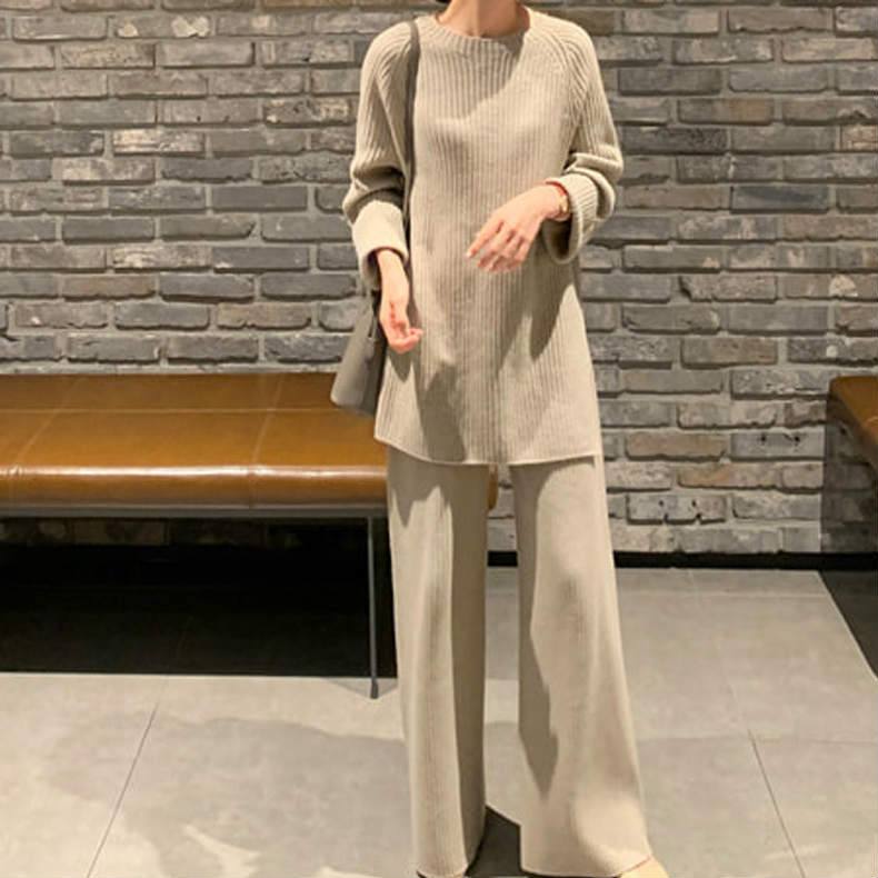 3点5% 5点8%クーポン! レディース セットアップ リブニット ニット ワイドレッグパンツ カジュアル 可愛い フェミニン きれいめ 上品 おしゃれ お出かけ オフィス お呼ばれ ブラウン ベージ