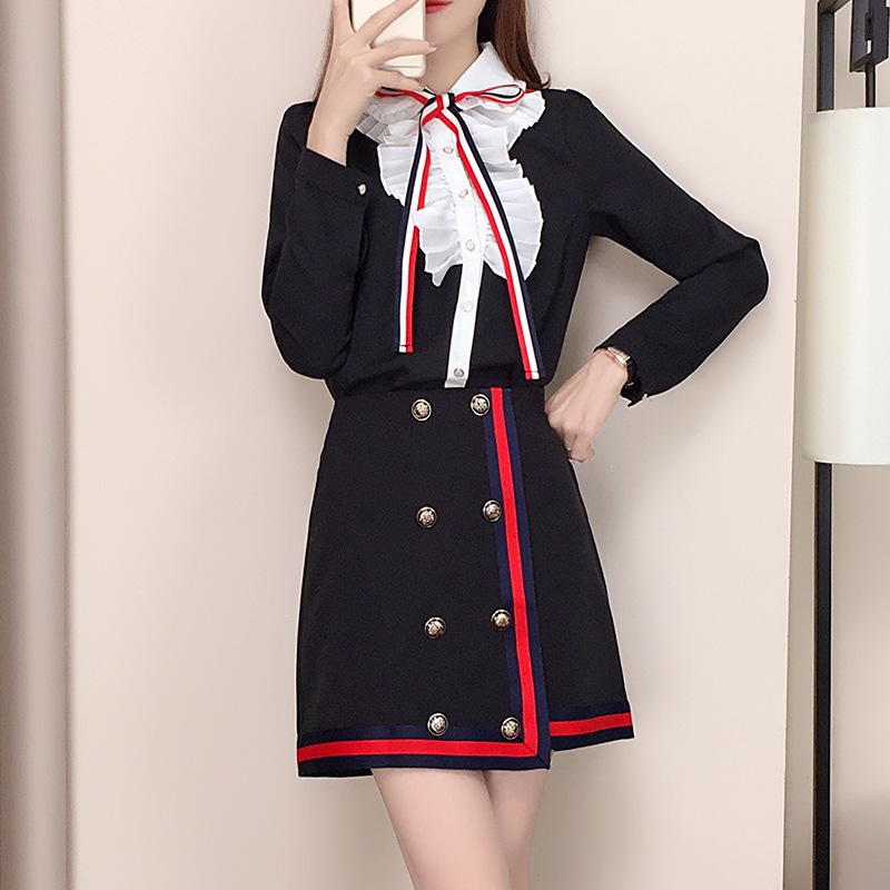 女性のスカートスーツフリルエレガントな弓のシャツとスカートレディースパーティー服セット