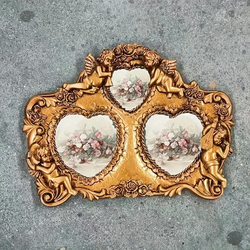 フォトフレーム ハート ヴィンテージ調 テーブルトップ型 天使 レリーフ 装飾 おしゃれ かわいい インテリア 北欧 写真立て ゴールド 4-7