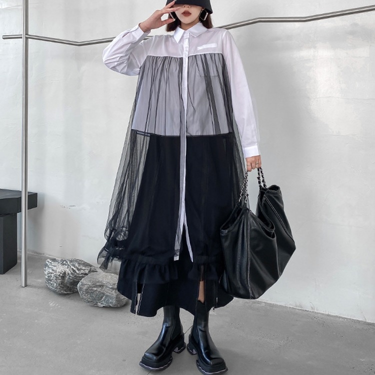 チュールドッキングワンピース シャツワンピース レディース ロング ワンピース 長袖 異素材 シャツワンピ 羽織 個性的 モード系 アシンメトリー 変形デザイン 切替 ビッグシルエット 体型 5,069円