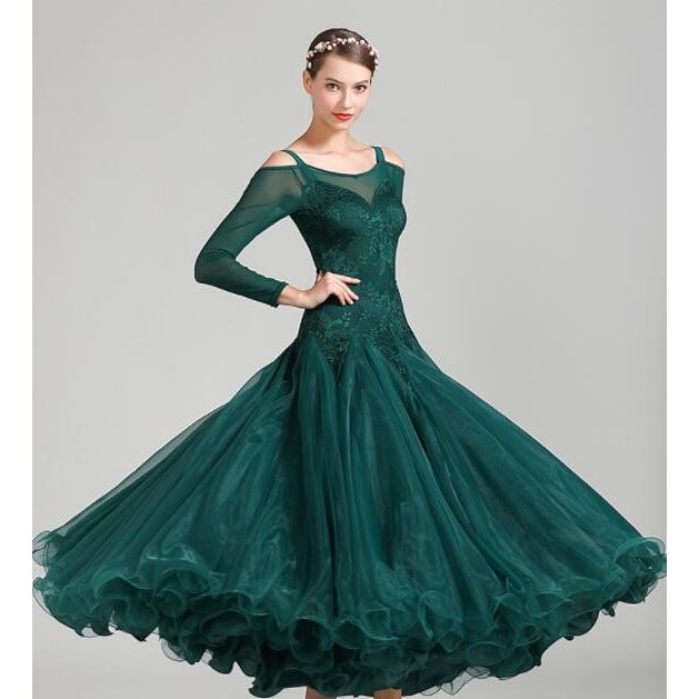 高級感 バックレス 肩出し 長袖 花柄 社交ダンス セクシー レディース ワルツ モダン Aライン