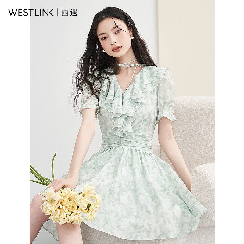 グリーン フレンチワンピース 2025年春夏新作 フラワープリント ペティート エンジェルシルエット ワンピース ワンピース レディース ロングワンピース ワンピース 夏 パーティードレス 韓国 ワン