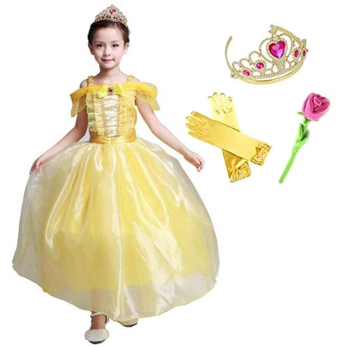 [即纳]新作先行発売ベル ドレス 子供 コスプレ 衣装 美女と野獣 豪華４点 セット ( プリンセス ドレス ティアラ グローブ 薔薇のお花 ) 100 110 120 130 140【短納期】