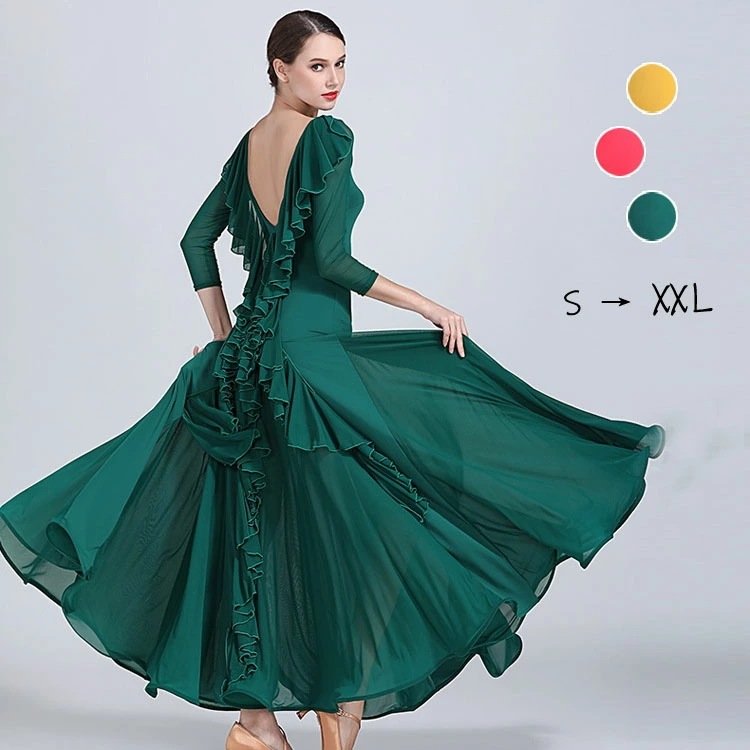 バックフリル 社交ダンスドレス 練習着 Vネック 社交ダンス衣装 ワンピース 七分袖 モダンドレス スタンダード ドレス タンゴ ドレス フラメンコ 衣装 モダンダンス ワルツ ドレス 社交ダンス ラ