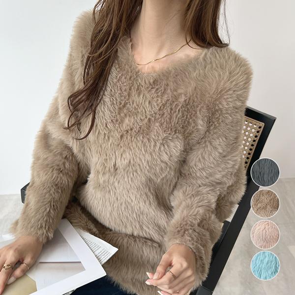 シャギー ニット Vネック ふわふわ 暖か 着ぶくれしない 首元スッキリ 着丈長め レディース カジュアル / Vネックボリュームシャギーニット