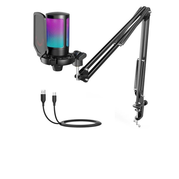 FIFINE USB コンデンサーマイク RGB光り カーディオイド指向性 プラグ＆プレイ パソコン/プレステマイク US