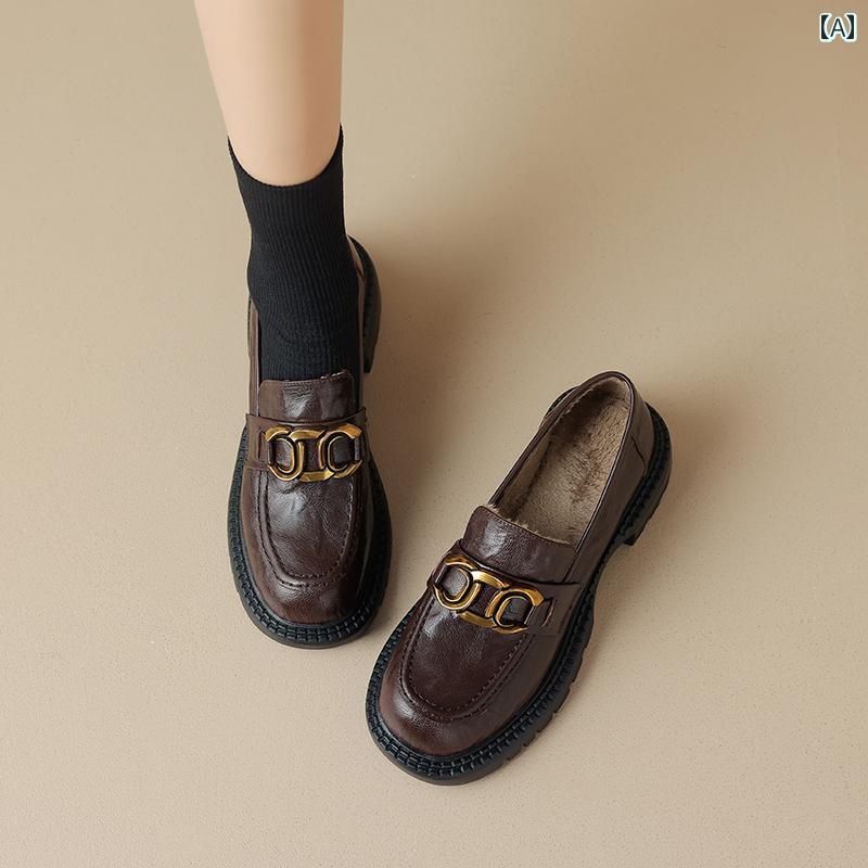 ローファー レディース 学生 カレッジ 通学 通勤 秋冬 革 ベルベット 女性 女性 ミディアム ヒール 厚手 ヒール 毛皮 靴 女性 冬 アウターウェア 靴 女性