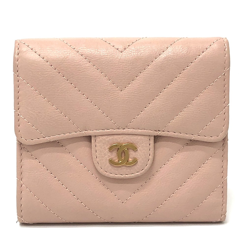 3つ折り財布 Vステッチ シェブロン コンパクト財布 財布 ウォレット ラムスキン ピンクベージュ ベージュ