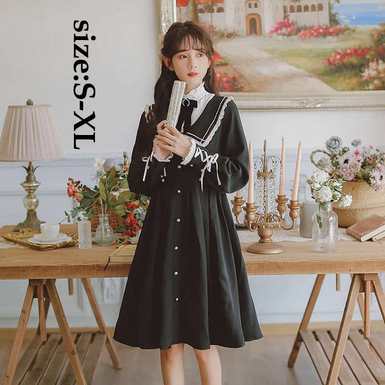 ワンピースドレス レディース ドレス ワンピース Lolita 長袖 可愛い オシャレ レース フレア リボン お洒落 立ち襟 Aライン ワンピース 着痩せ 20代 30代 10代 きれいめ 華麗風