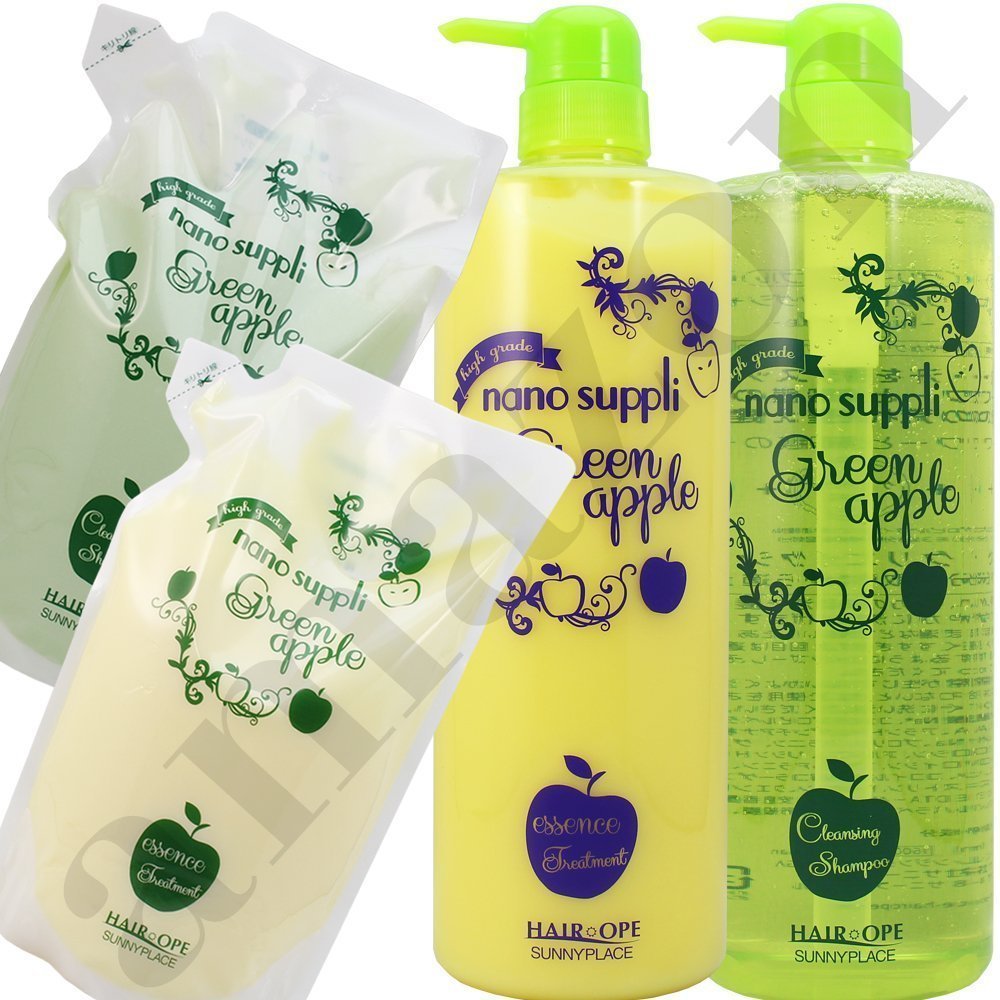 Qoo10最安値挑戦 4点set グリーンアップル シャンプー1000 800＆コンデ1000 800詰め替え サニープレイス ヘアオペ ナノサプリ セット