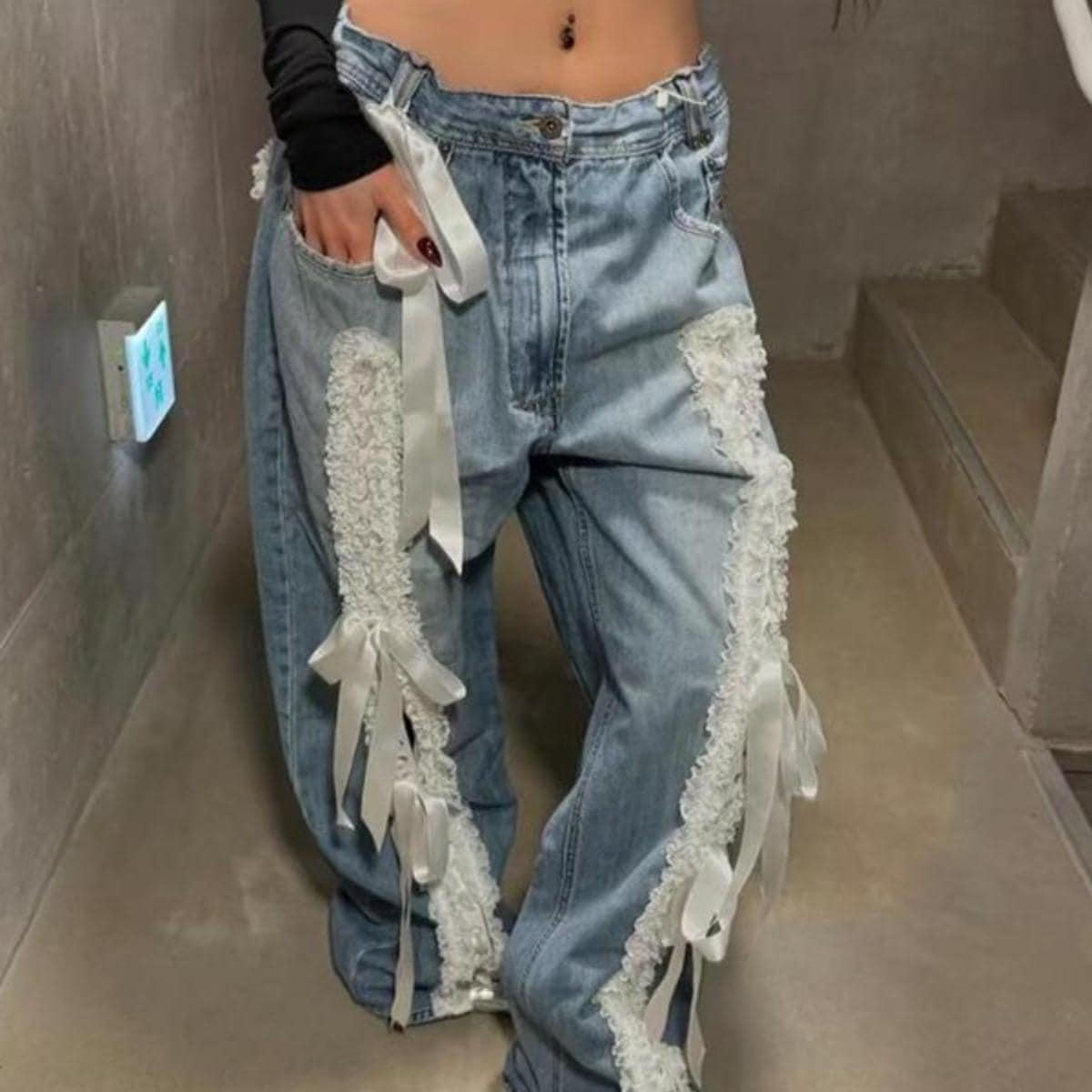 レースアップワイドジーンズ デニム ジーンズ ボトムス レディース y2k 美脚 ストレートデニムパンツ レースアップ ワイドパンツ ストリートコーデ アメカジコーデ 海外コーデ C648