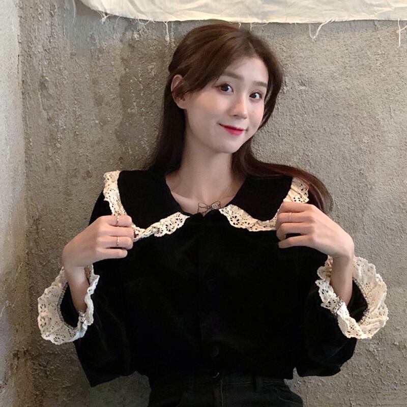 トップス レディース シャツ ブラウス l レース 長袖 韓国 春 秋 冬 10代 20代 30代 おしゃれ かわいい シャツ ブラウス コーデ 黒ブラウス ブラック 黒 無地 レース 襟付き レト