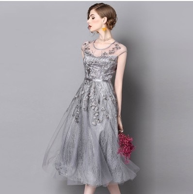 1915.花柄刺繍レースワンピース 2019 春夏 sale ドレス Aライン ノースリーブ ミディアム エレガント お呼ばれ パーティー 結婚式 披露宴 女子会 レストラン デート