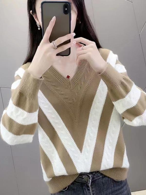 レディース トップス ニット オシャレ 韓国スタイル カワイイ カジュアル セーター カーディガン ストライプ スプライシング V ネック ウエスタン プルオーバーニット 5,364円