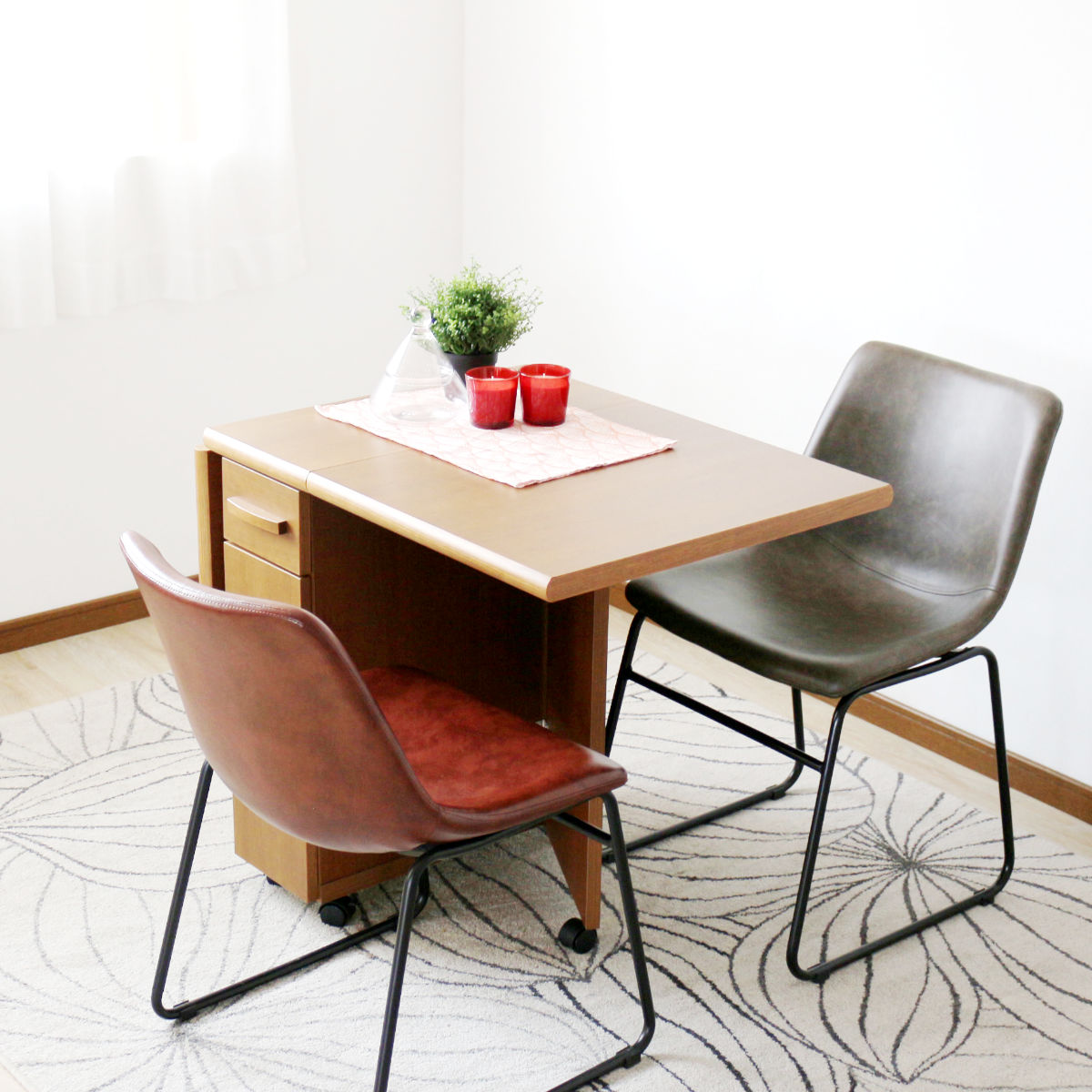 ダイニングテーブル 2人用 折りたたみ 幅32ー125cm バタフライ 引出し付 テーブル 食卓テーブル キャスター付き 収納 引き出し 木製 コンパクト 天板 伸長 折り畳み ダイニング