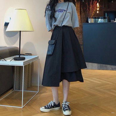 スカート フレアスカート ひざ丈 膝下 ミモレ丈 ミディアム丈 フレア Aライン アシンメトリー ファスナー ハイウエスト かわいい 大人可愛い カジュアル 大人 上品 おしゃれ かっこいい 大人女子