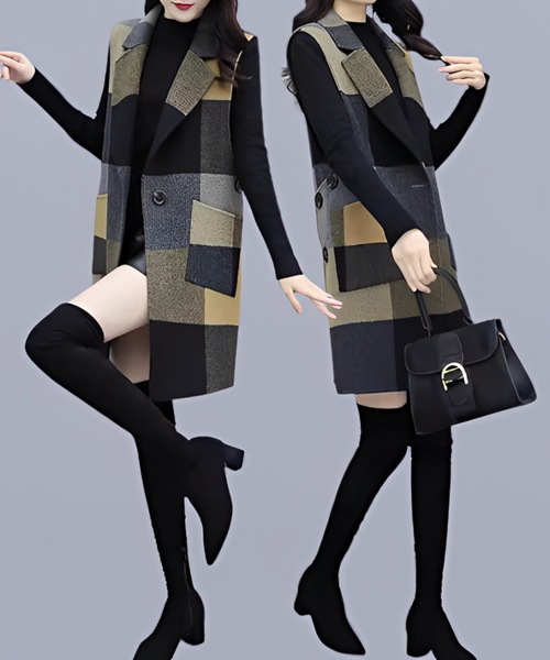 レディース コートウールベストトップス ベスト 袖なし ノースリーブ ストレートミドル丈 ミディアム丈 ウェーブカラー POLO襟 ルースタイプ 中厚手 ルーズ 芸術的 優しい チェック シーズンレス