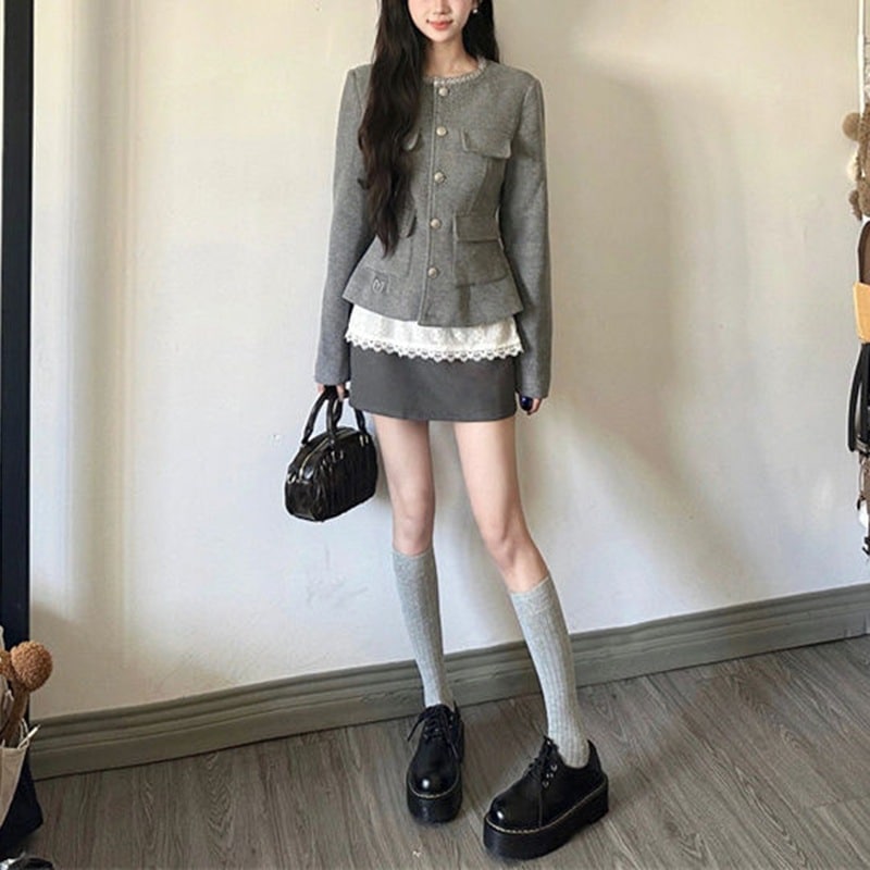 韓国風ファッショナブルでエレガントなレディースツーピースセット春と秋：長袖カーディガンジャケットハイウエストボディコンスカート