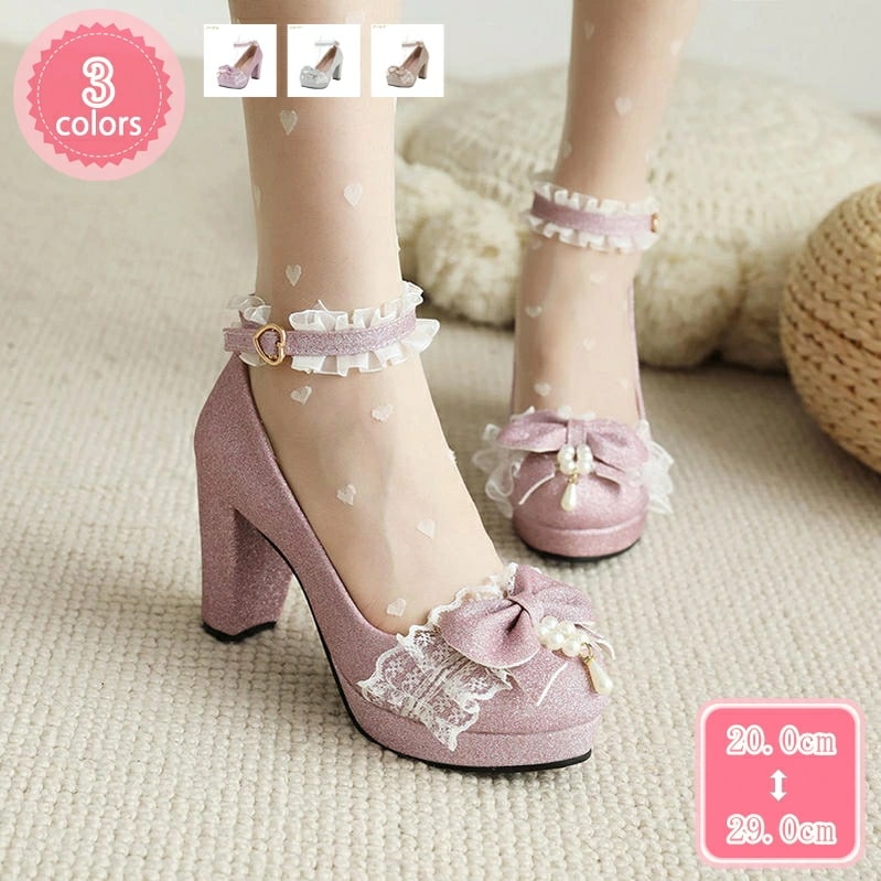 1000円OFFクーポン パンプス 痛くない 歩きやすい グリッター 楽 ロリータ ラウンドトゥ ストラップ 8.5センチ チャンキーヒール レディース 履きやすい おしゃれ 滑りにくい キラキラ 花