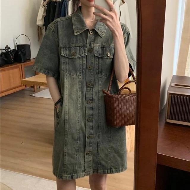 気質のある韓国のレトロなデニムワンピース夏のスリムでゆったりとしたショートスカート