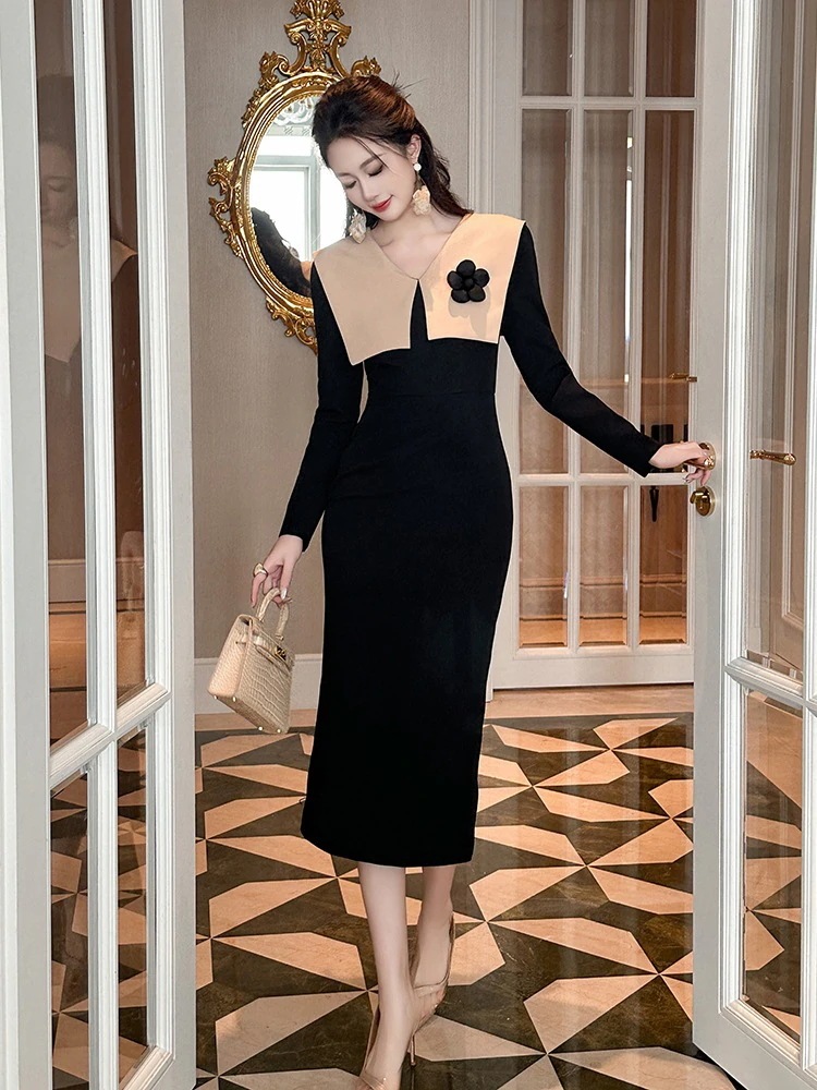 2024秋冬新品 ドッキング ワンピース フラワー飾り ドレス パーティー キャバ 大人 同窓会 披露宴 卒業式 結婚式 演奏会 ウェディング 二次会 メガ割30%までに制限