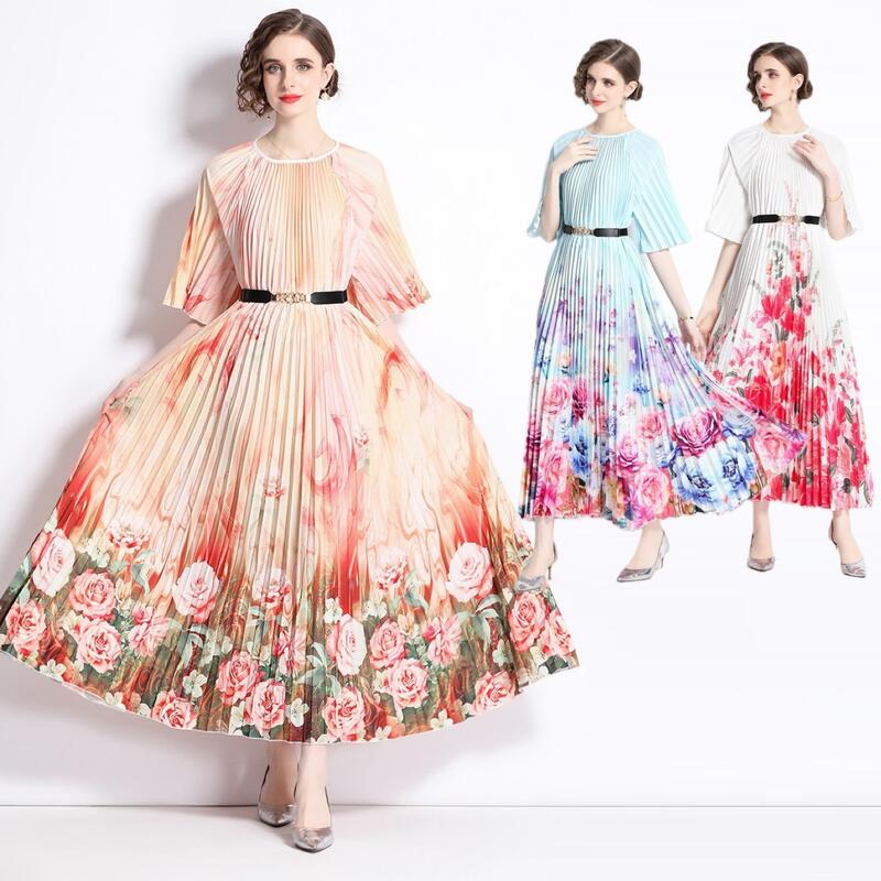 お安く提供F3色オレンジ ブルー ホワイト ドレス ワンピース ワンピ パーティードレス ロングプリーツ パーティーワンピ 結婚式 二次会 カラオケクラシカル系レトロ感 優雅印象 ベルト付き