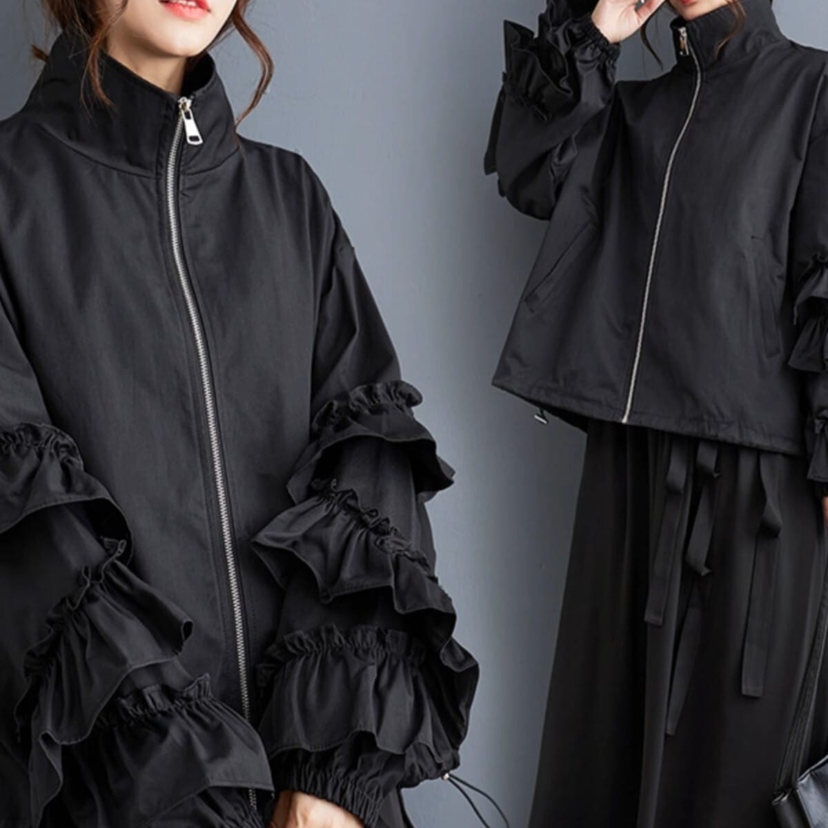 レディース ジャケット ブルゾン ノーカラージャケット ショート 長袖 ボリューム袖 フリル袖 ハイカラー ワイド フレア フリル ファスナー ポケット 前開き ドロスト アシンメトリー 薄手