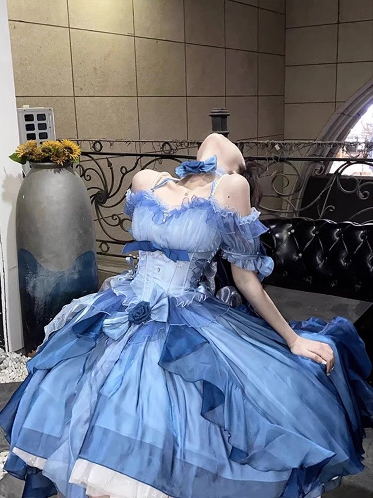 青い甘美で高級感のある花嫁ドレスlolitaワンピース洋服重工蓬蓬蓬アンドロメダスカート気質