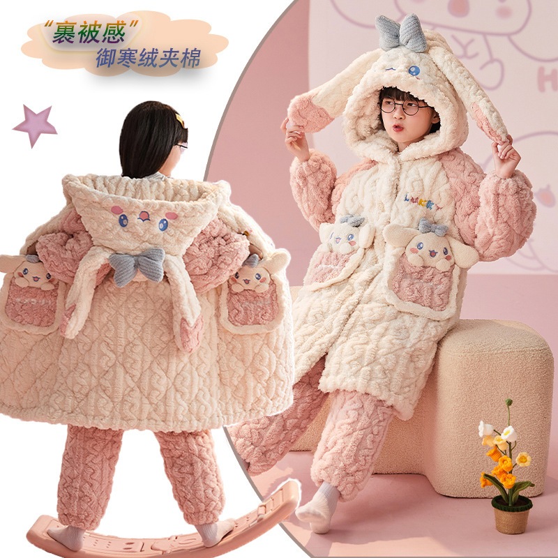 子供用パジャマ三層キルトかわいい漫画フード付き厚いベルベット暖かい中型子供用家庭服034