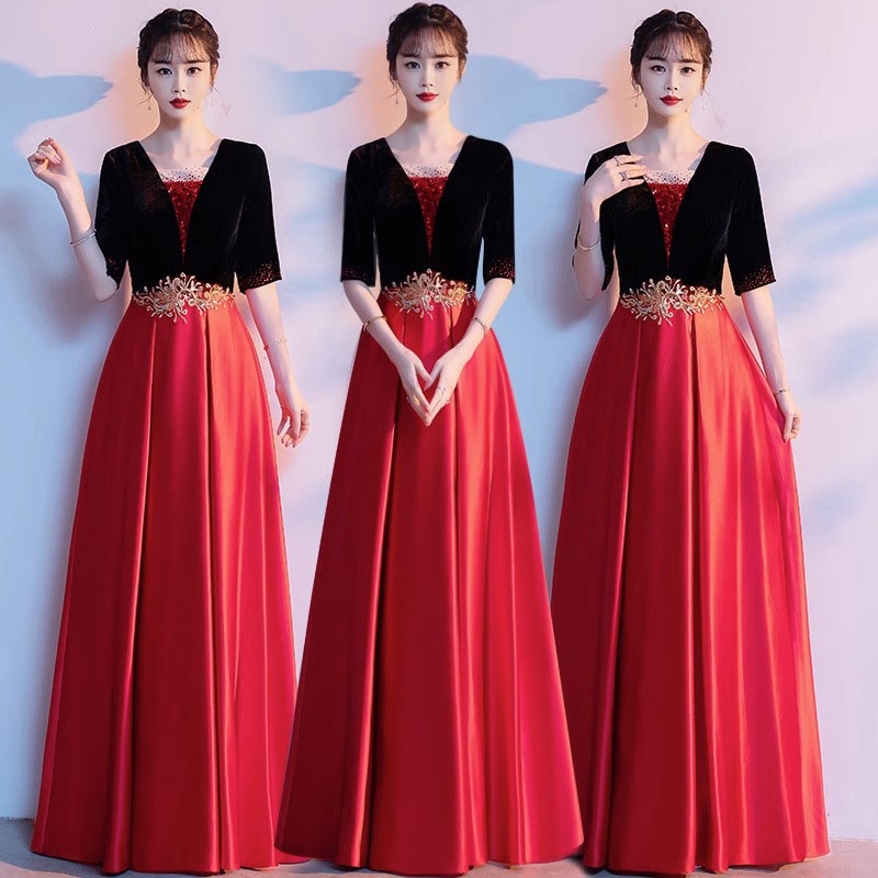 速達!カラードレス ロングドレス 演奏会 ブラック レッド 5分袖 発表会 赤 黒 コンサート コンクール 舞台 コーラス オーケストラ ファスナー 大人 ステージドレス ウェディングドレス ウエディ