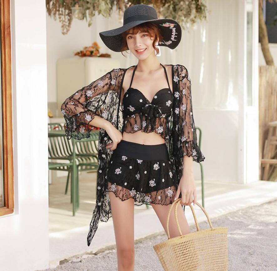 花柄刺繍 3点セット 水着 パレオ 花柄 上品 体型カバー バスト盛れる ハワイ 旅行 温泉 リゾート セレブ ワイヤー入り パット 新婚旅行