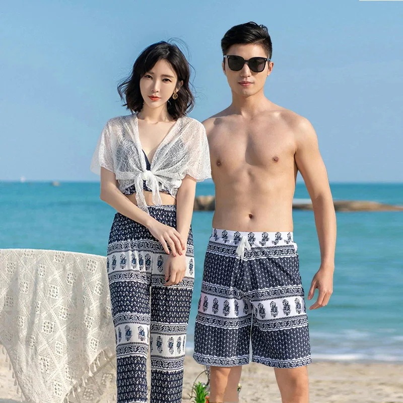 カップル値段 ペア 水着 ペアルック カップル 水着 おそろい お揃い 水着 レディース 水着 セパレート ロングパンツ 体型カバー 4点セット 水着 メンズ 水着 サーフパンツ ビーチパンツ カッ