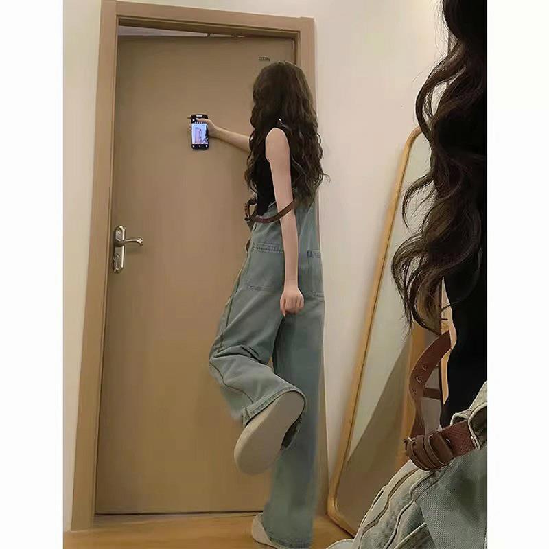 スキニーデニムオーバーオール2024ストレートジャンプスーツ夏小さいオーバーオールレディース春秋アメリカンスタイル