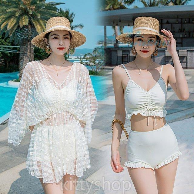 水着白ビキニレディース可愛い水着白お姫様体型カバー3点セット水着水着セットホワイト水着キレイめワンピース20代姫系レース 5,561円