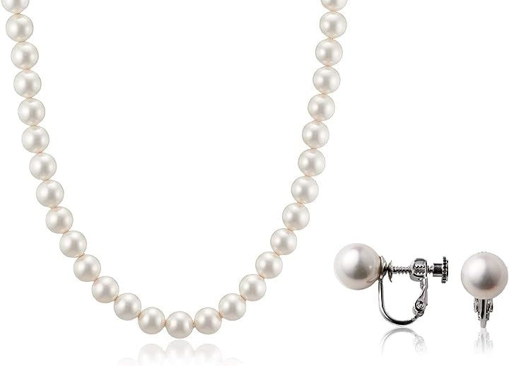 人工真珠 ナチュラル パールネックレス 冠婚葬祭 日本製( ホワイトイヤリングセット, ［03］ 全長45cm)