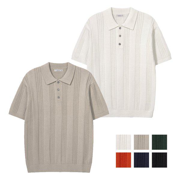 メンズ シングルブレスト ボタン カラーネック 半袖 ニットTシャツ AS-KN-Q024-グレーベージュ