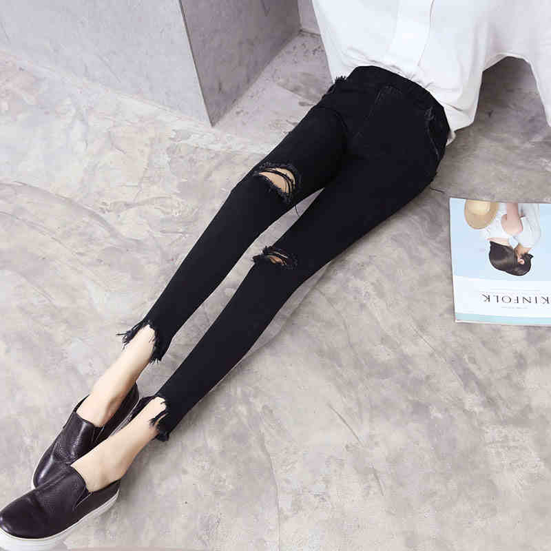 デニムパンツ 美脚 スキニーパンツ 切りっぱなし ハイウエスト パンツ 9分丈 九分丈 ダメージ加工 穴あき ウエストゴム 薄手 伸縮性 スリム ストレッチ 細身 ポケット付き こなれ感 楽ちん