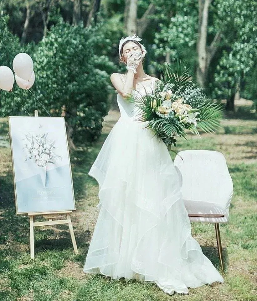 前撮り ビーチ婚 白 チュール 披露宴 ロングドレス 二次会 可愛い白-45 レディース ウエディングドレス ブライダル aライン 花嫁 シンプル20代30代 ビーチフォト