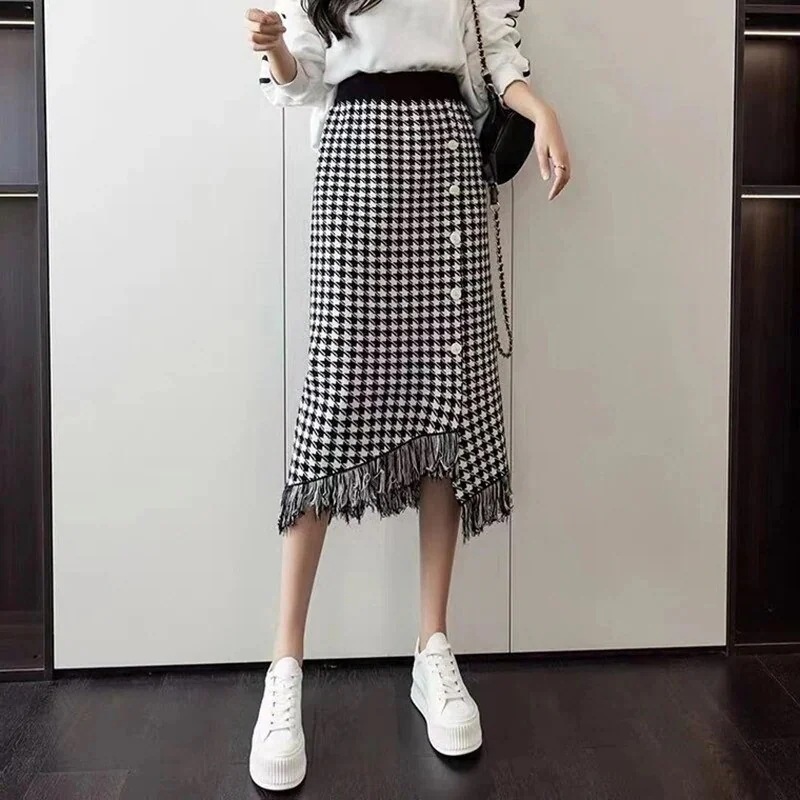 マキシスカートタイトスカート 夕イトスカ一ト 千鳥格子 ニット ハイウエスト おしゃれ タイトスカート 新作