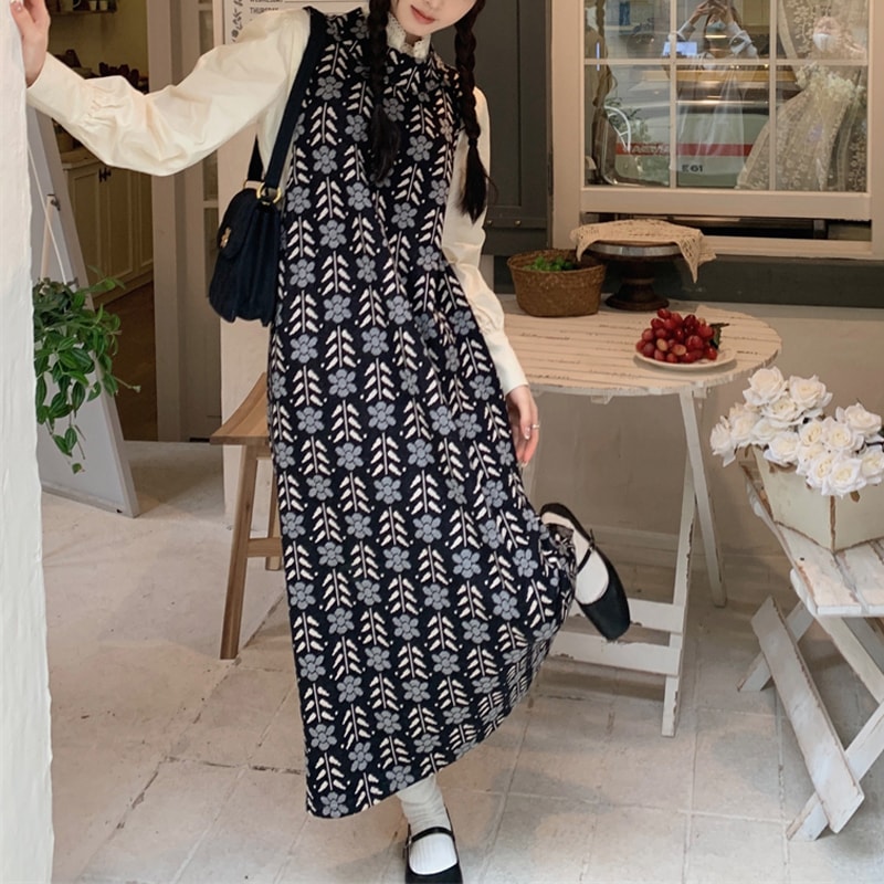 セットアップ フラワーデザイン ノースリーブ ロングワンピース 長袖ブラウス レディース 大人可愛い カジュアル 花柄 オフィス 通勤 デート お出かけ 女子会 休日 フリーサイズ ブラック