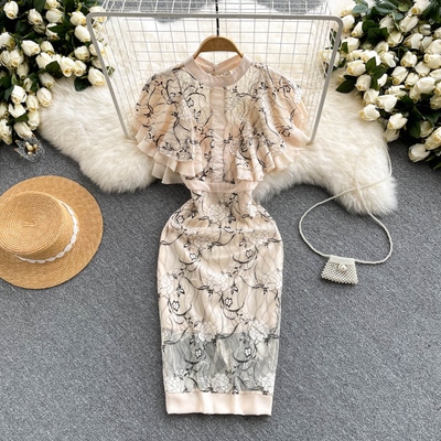 ワンピース デート ワンピドレス ミモレ ミモレ丈 スリム タイト 細身 レース かわいい 大人可愛い きれいめ シンプル カジュアル 大人 上品 おしゃれ お洒落 主役級 存在感 夏 10代 20代