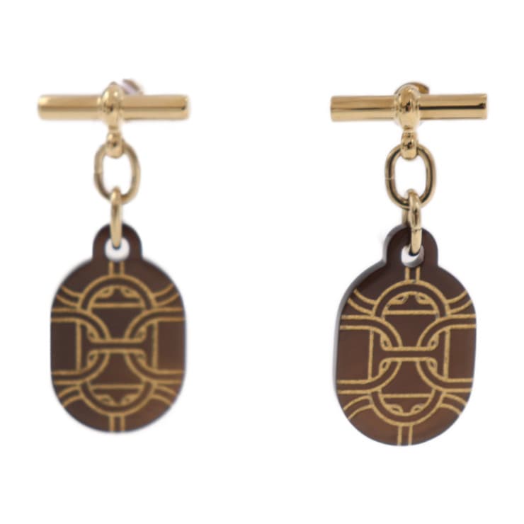 超美品 HERMES エルメス シェーヌダンクル PM ピアス - メタル バッファローホーン ゴールド ブラウン 耳飾り【本物保証】