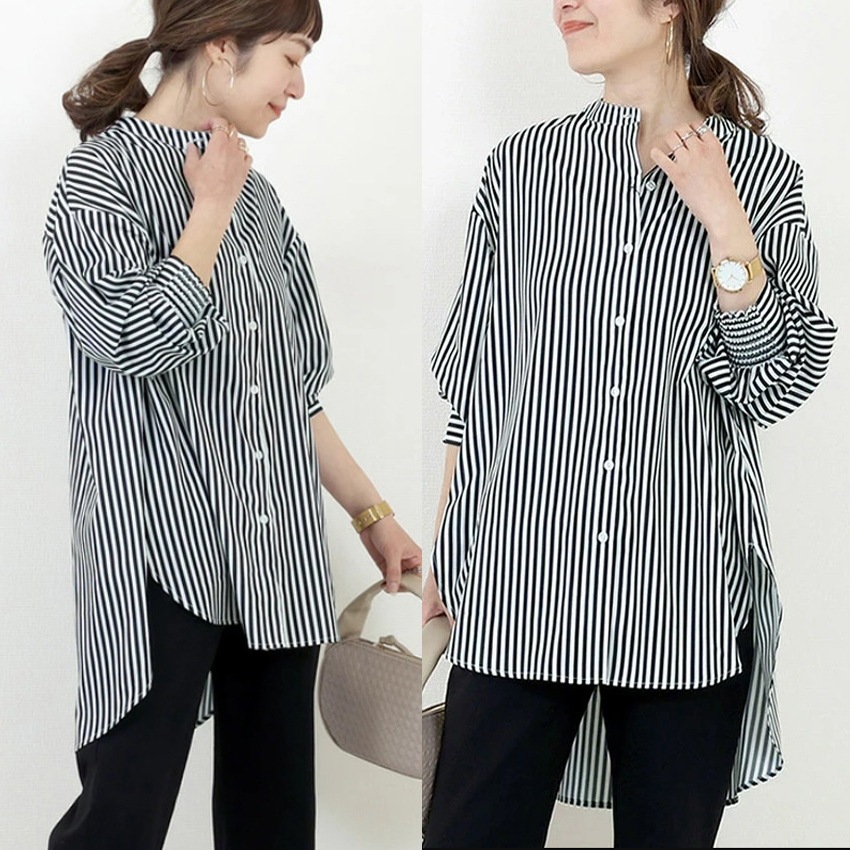 トップス シャツ 長袖 ハイネック 前開き ボタン ミディアム丈 フィッシュテール かわいい 大人可愛い きれいめ シンプル 上品 おしゃれ かっこいい カジュアル こなれ感 個性的 主役級