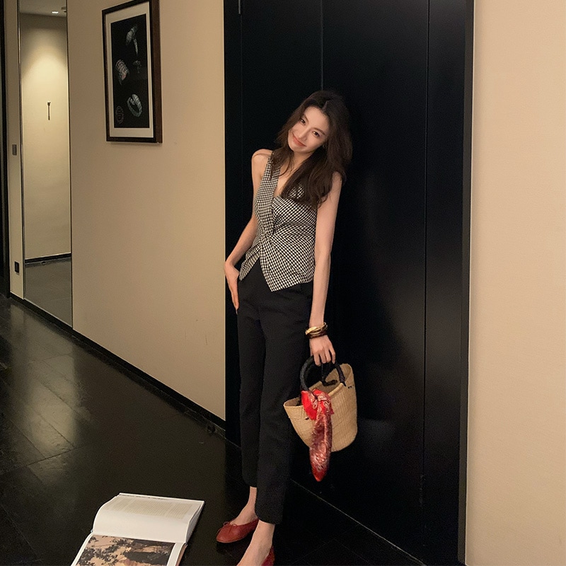 女性の夏のための長いxierパンツ薄い薄い黒い煙パンツアンチウィストハイウエストスリミングカジュアルストレートカットアウトパンツ