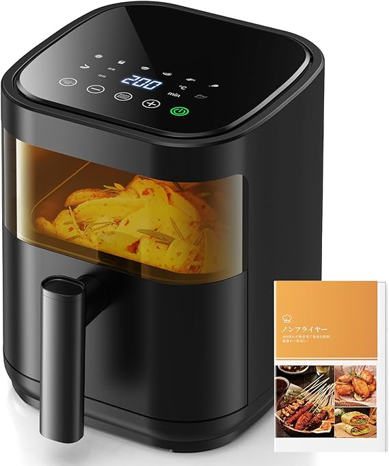 ノンフライヤー 3L 電気フライヤー ノンオイル 揚げ物 惣菜 1~2人用 可視窓 エアフライヤー LEDディスプレイ タッチパネル タイマー 温度調整 中断記憶 日本語説明書 日本語レシピ付き PS