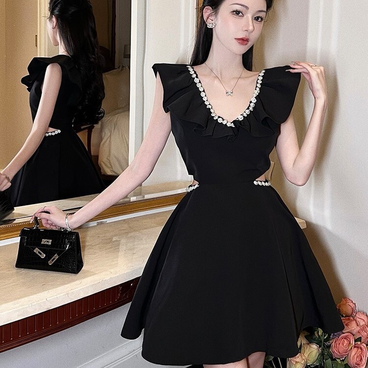 レディース ワンピース ドレス ワンピースドレス ワンピドレス カットアウト ミニ ノースリーブ Vネック フリル襟 フレア Aライン フリル ウエストマーク ハイウエスト ポリエステル かわいい