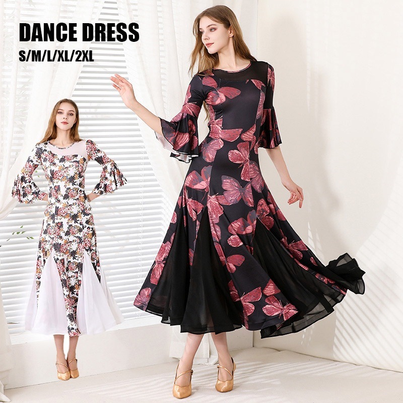 新作追加 社交ダンス ダンス服 ダンスドレス ワルツ 総柄 花柄 おしゃれ 豪華 大きい裾 フレアスリーブ ホワイト レッド ブラック 舞踏会 ステージ 忘年会 イベント パーティ 発表会 祭り S