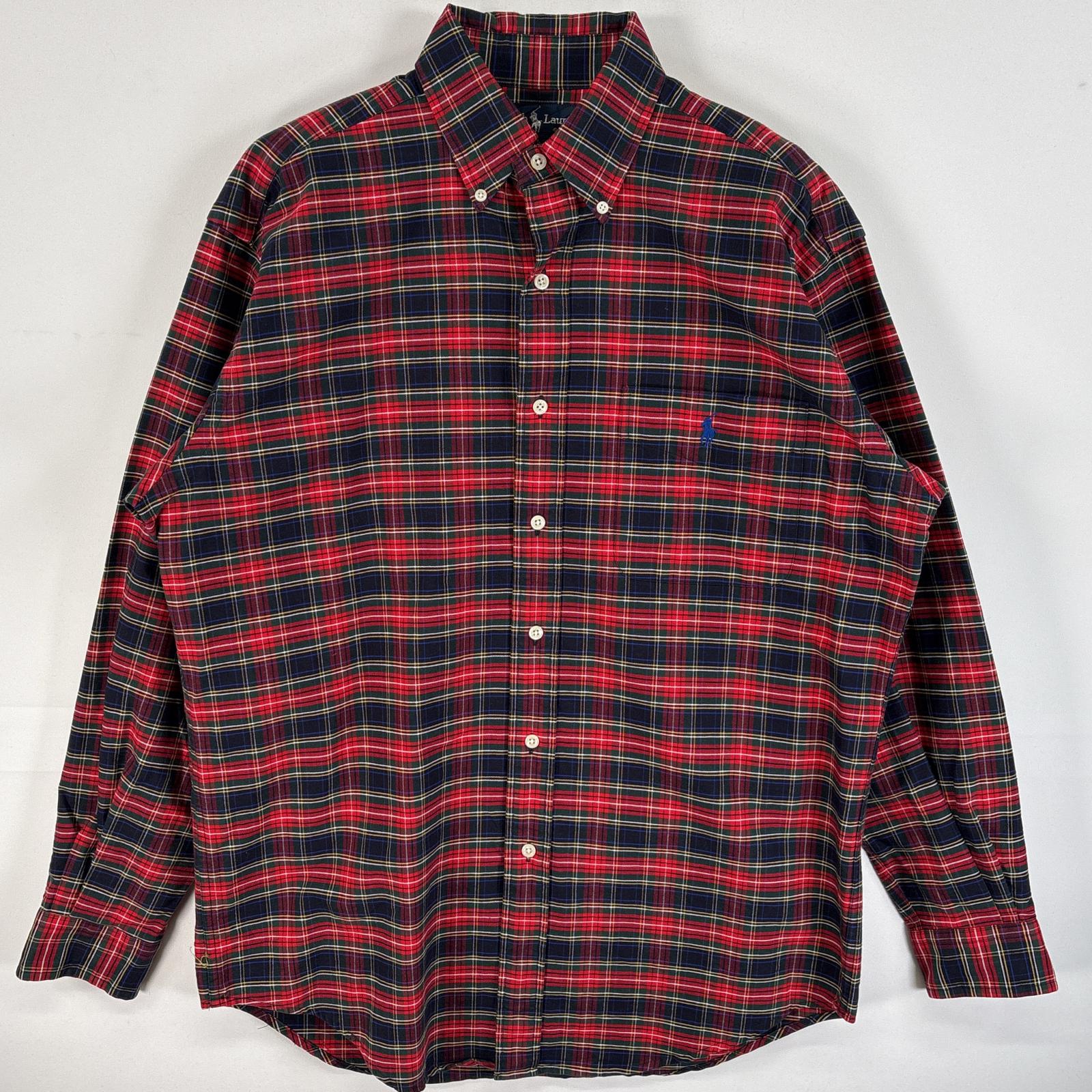 古着 90s/90年代 長袖シャツ ワンポイント ロゴ 刺繍 タータンチェック ボタンダウンシャツ S レッド系 マルチカラー メンズ